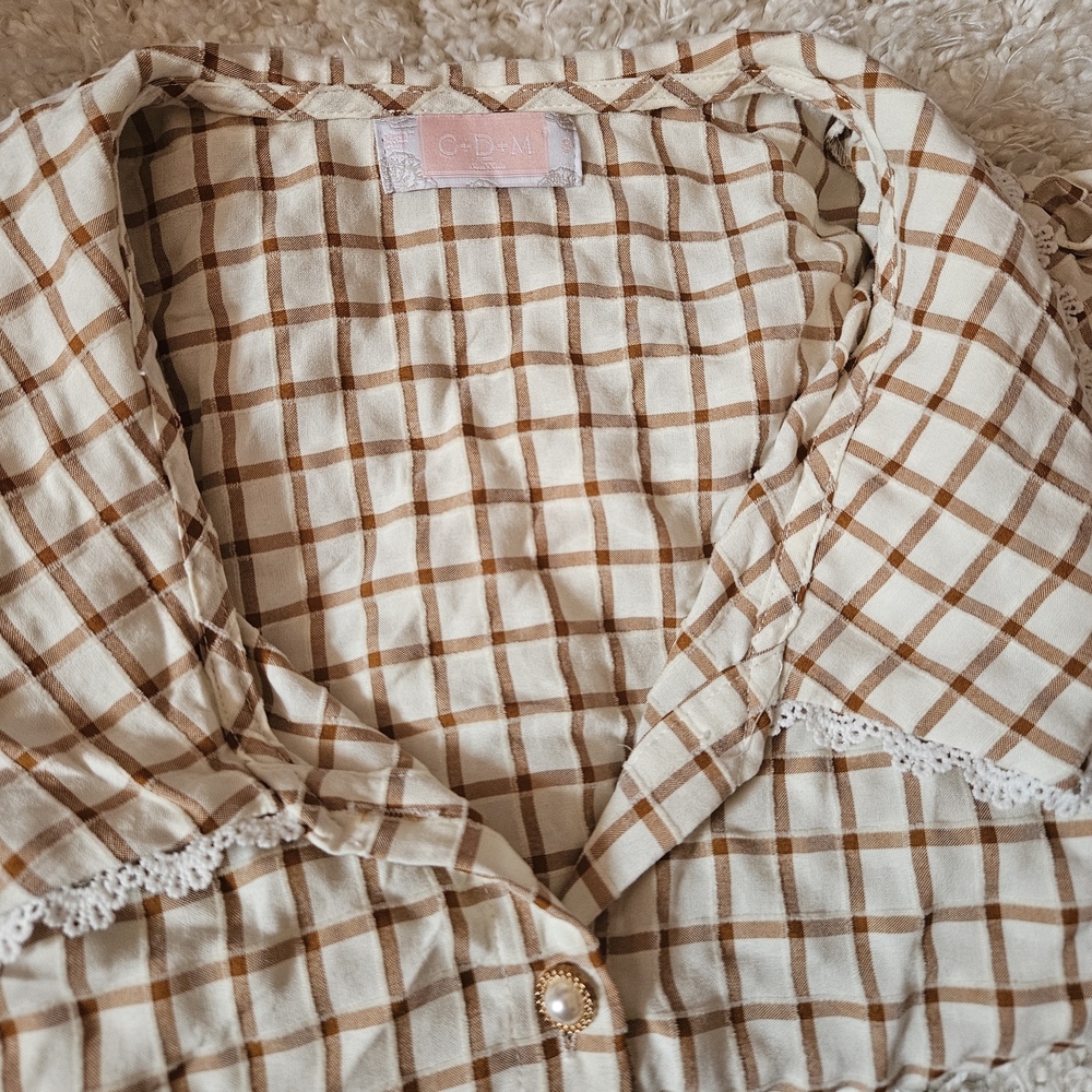 Checkered Button-Up Shirt with Lace Trim